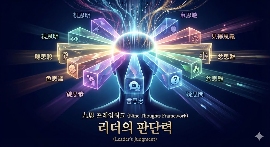 리더의 지능형 사고 구조를 시각화한 인지적 프레임워크 이미지. 중앙의 인물 실루엣 머리 부분에서 9개의 정교한 유리 프리즘 빛이 사방으로 뻗어나가고 있다. 각 프리즘 안에는 공자가 강조한 구사(九思)의 핵심 원칙인 시사명(視思明), 청사총(聽思聰), 언사충(言思忠) 등의 한자와 함께 눈, 귀, 말풍선, 저울, 불꽃 등의 상징 아이콘이 배치되어 있다. 하단에는 '九思 프레임워크 - 리더의 판단력'이라는 문구가 금색으로 적혀 있어, 정보를 다각도로 필터링하여 무결점의 의사결정을 내리는 리더의 지적 알고리즘을 상징함.