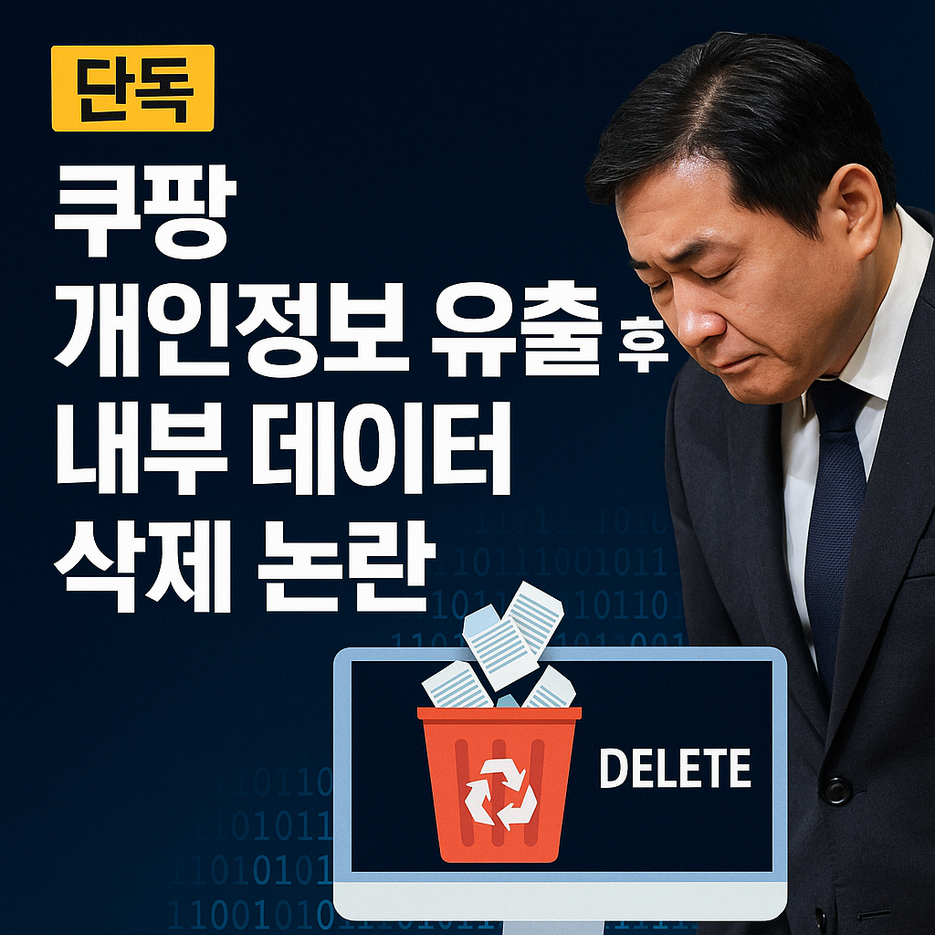 &ldquo;쿠팡 개인정보 유출 이후 내부 데이터 삭제 논란을 상징적으로 표현한 뉴스형 썸네일 이미지&rdquo;