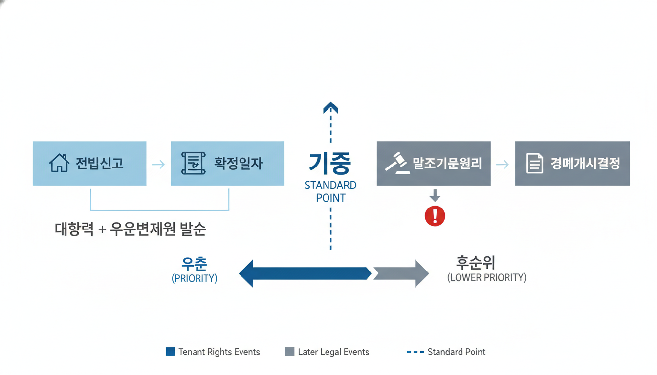 전입신고, 확정일자, 말소기준권리 등 임차인 권리 분석에 필요한 법적 사건들이 시간 순서대로 나열된 타임라인 인포그래픽.
