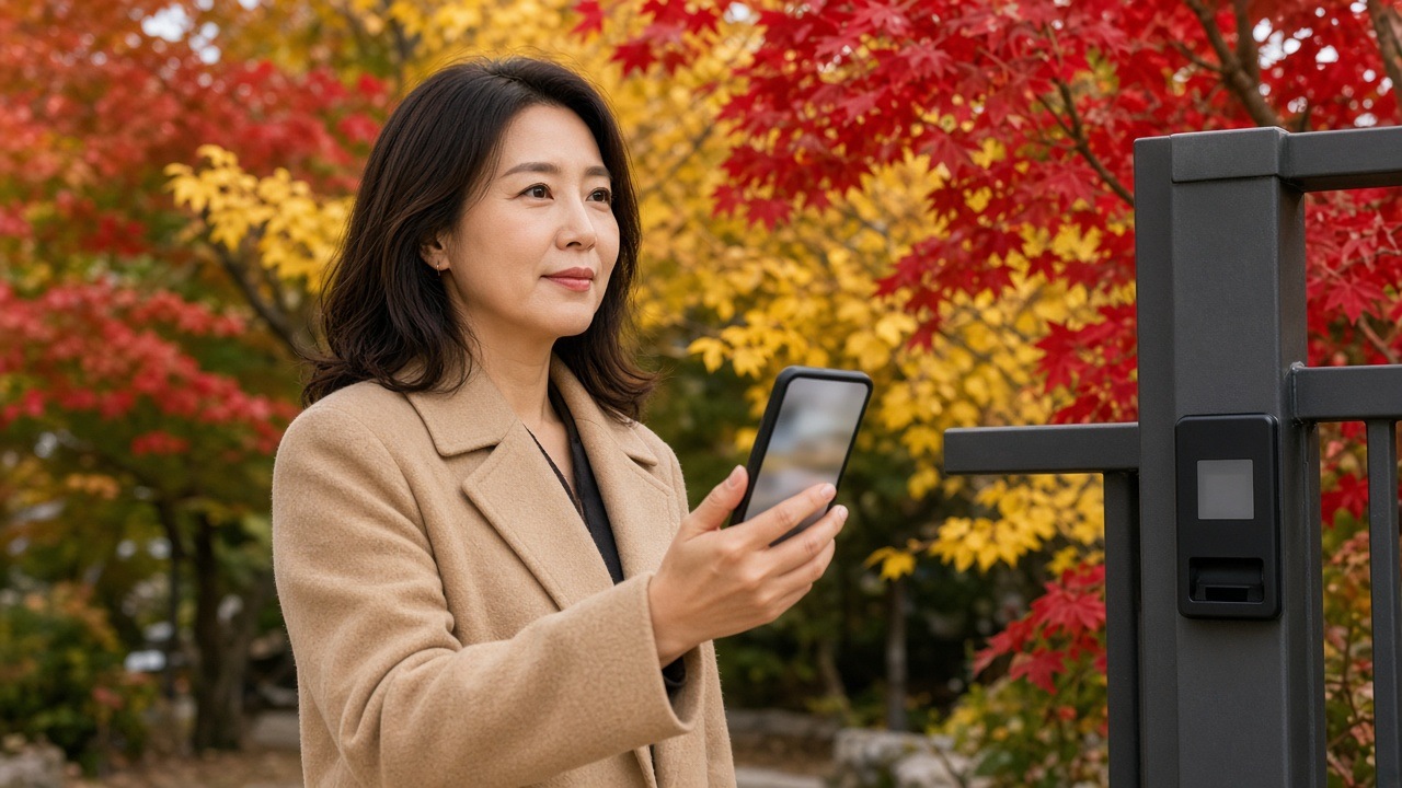 수목원 입구에서 스마트폰 예약 화면을 보여 주는 40대 한국인 여성