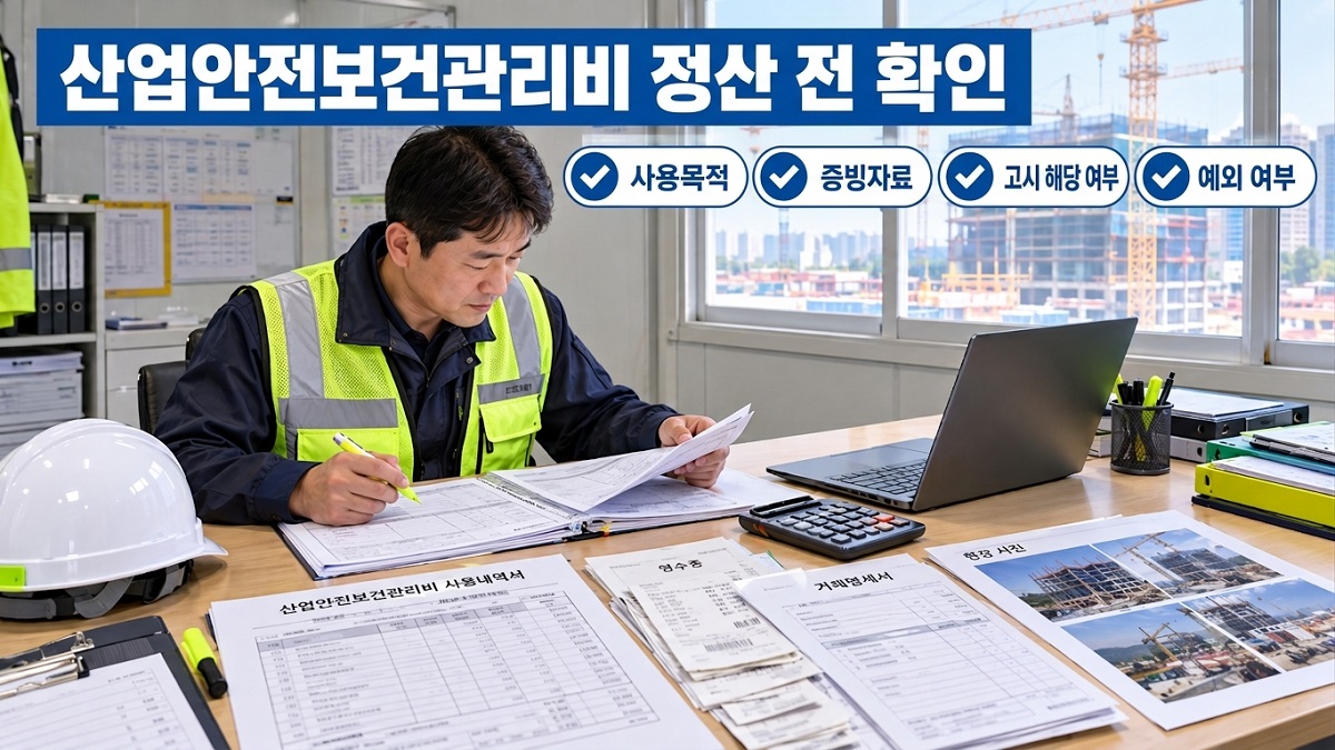 건설현장 안전관리자가 산업안전보건관리비 사용내역서와 영수증을 대조하며 정산자료를 확인하는 모습