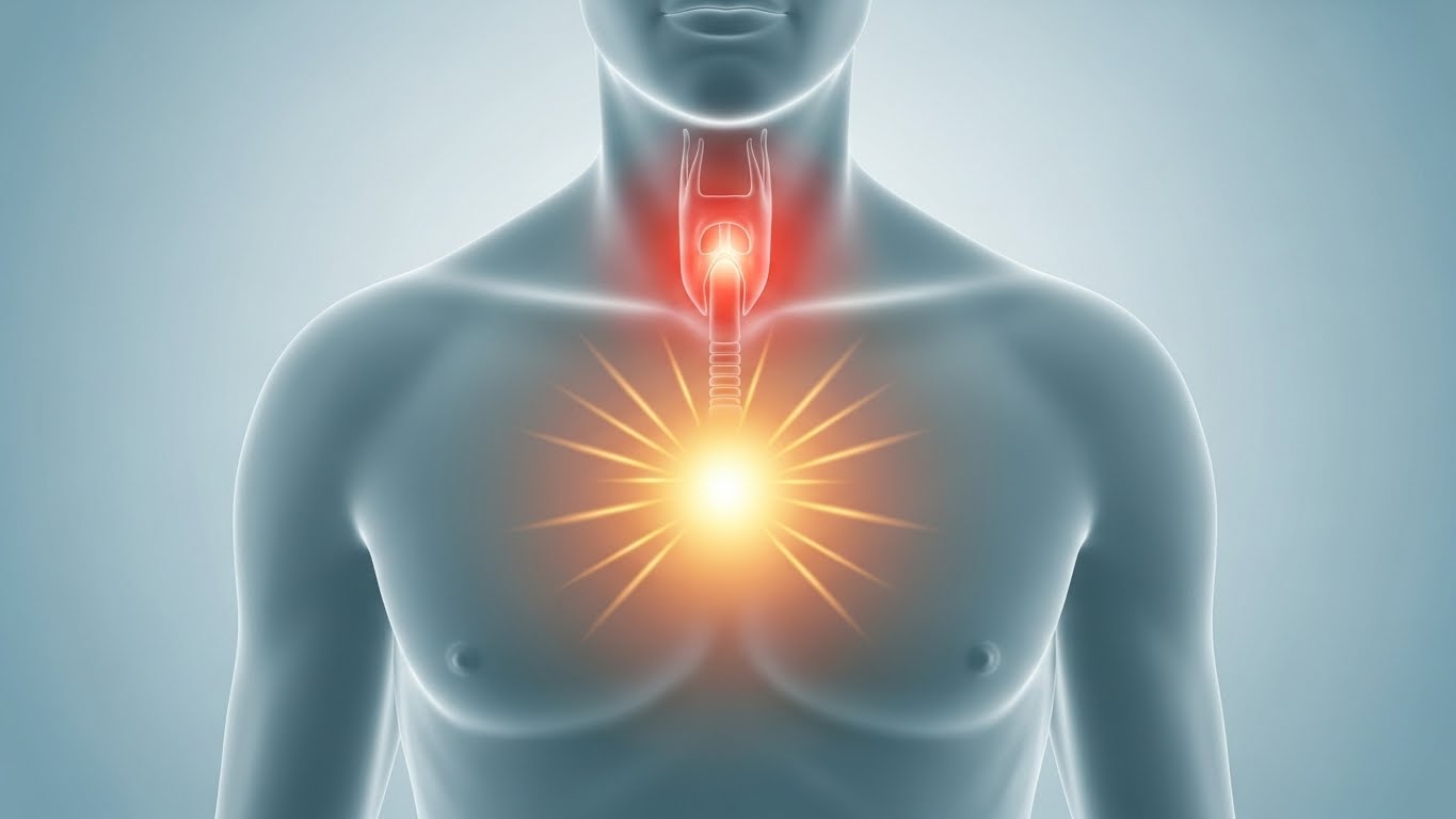 가슴 쓰림과 목 이물감 등 역류성 식도염 주요 증상을 나타낸 상징 이미지