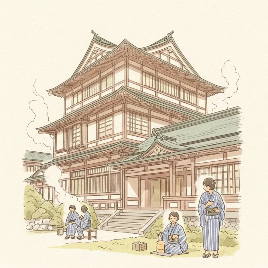 역사 깊은 도고 온천 본관과 휴식하는 사람들