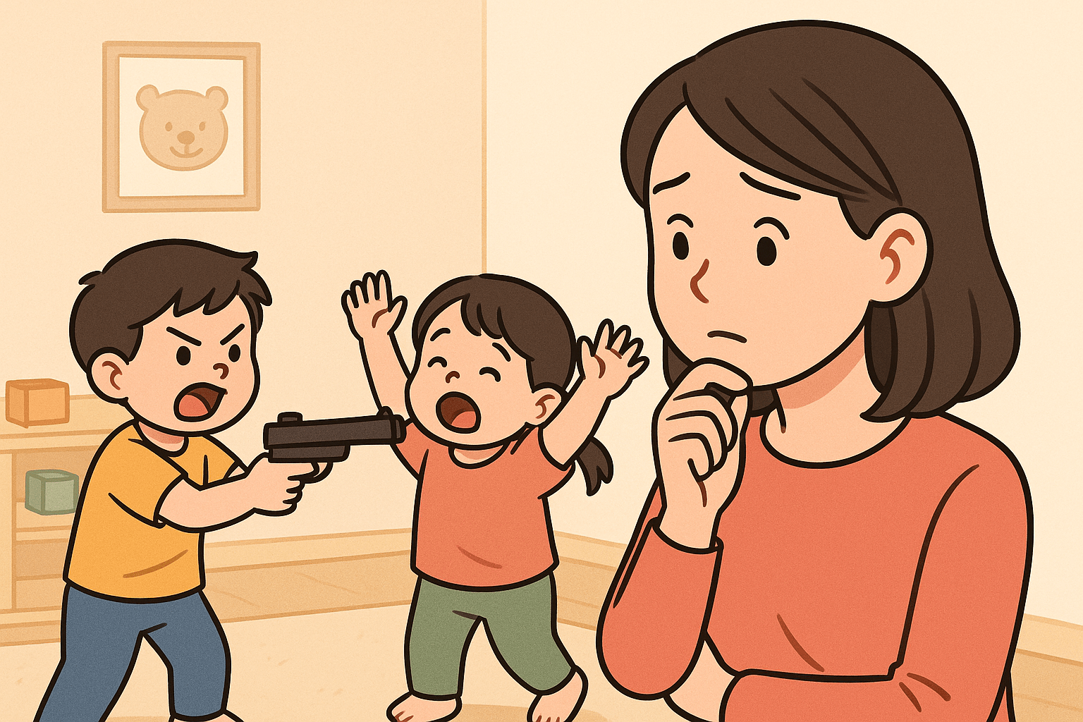 총놀이하는 남자유아들을 바라보는 교사