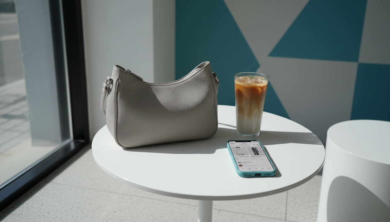 카페 테이블 위에 놓인 세련된 그레이 컬러의 미닛뮤트 토보 숄더백과 스마트폰 쇼핑 화면