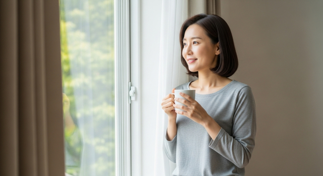 치료 후 한결 안도한 표정으로 창가에 서 있는 한국인 여성의 모습