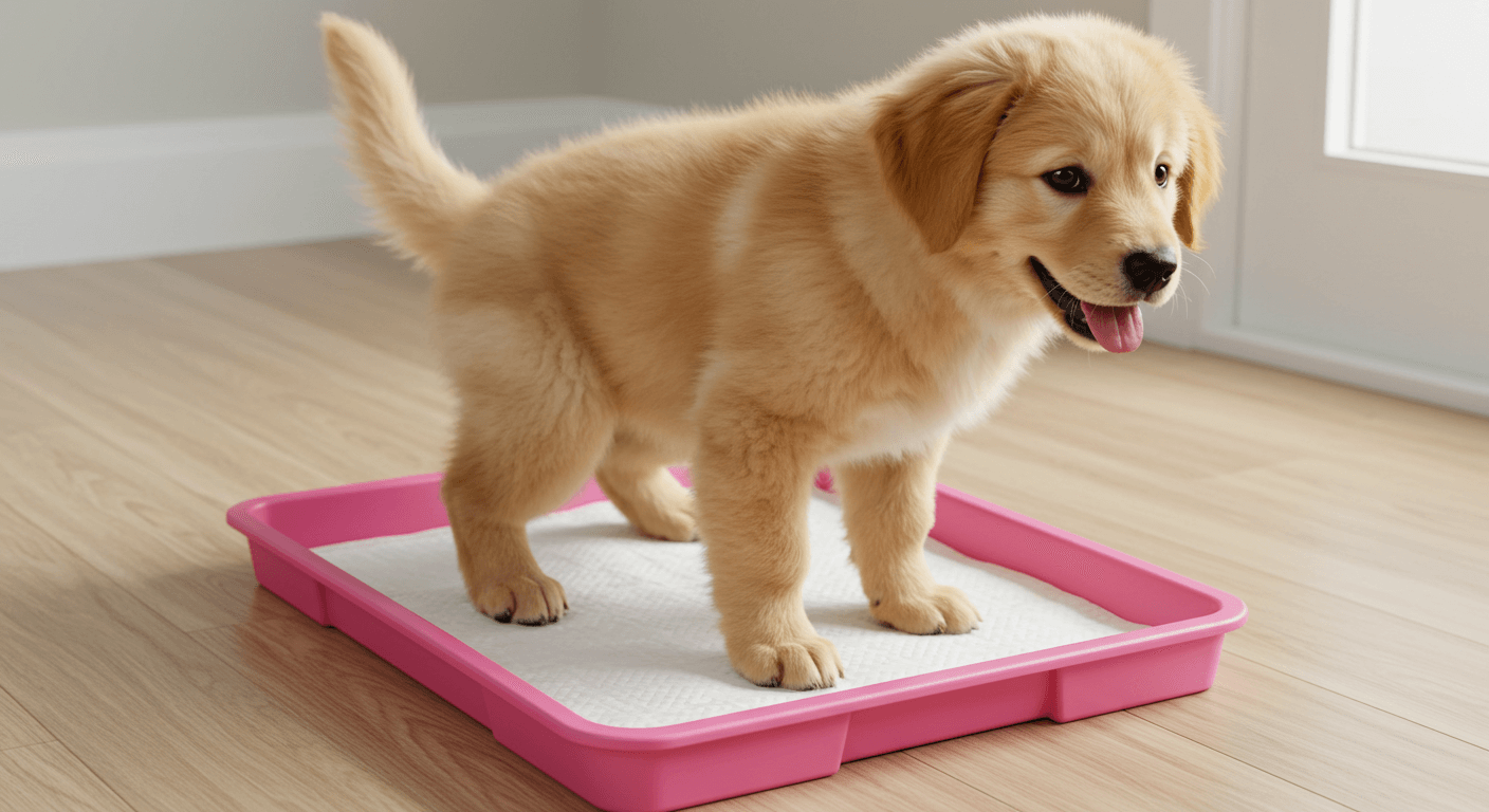 배변패드 위에서 배변 훈련을 하고 있는 반려견