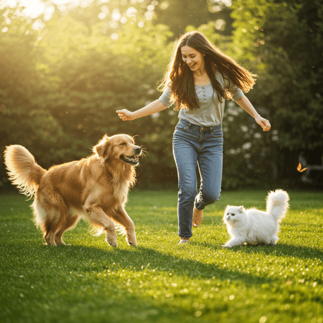 반려묘, 반려견과 함께 푸른 잔디를 뛰어 노는 사람