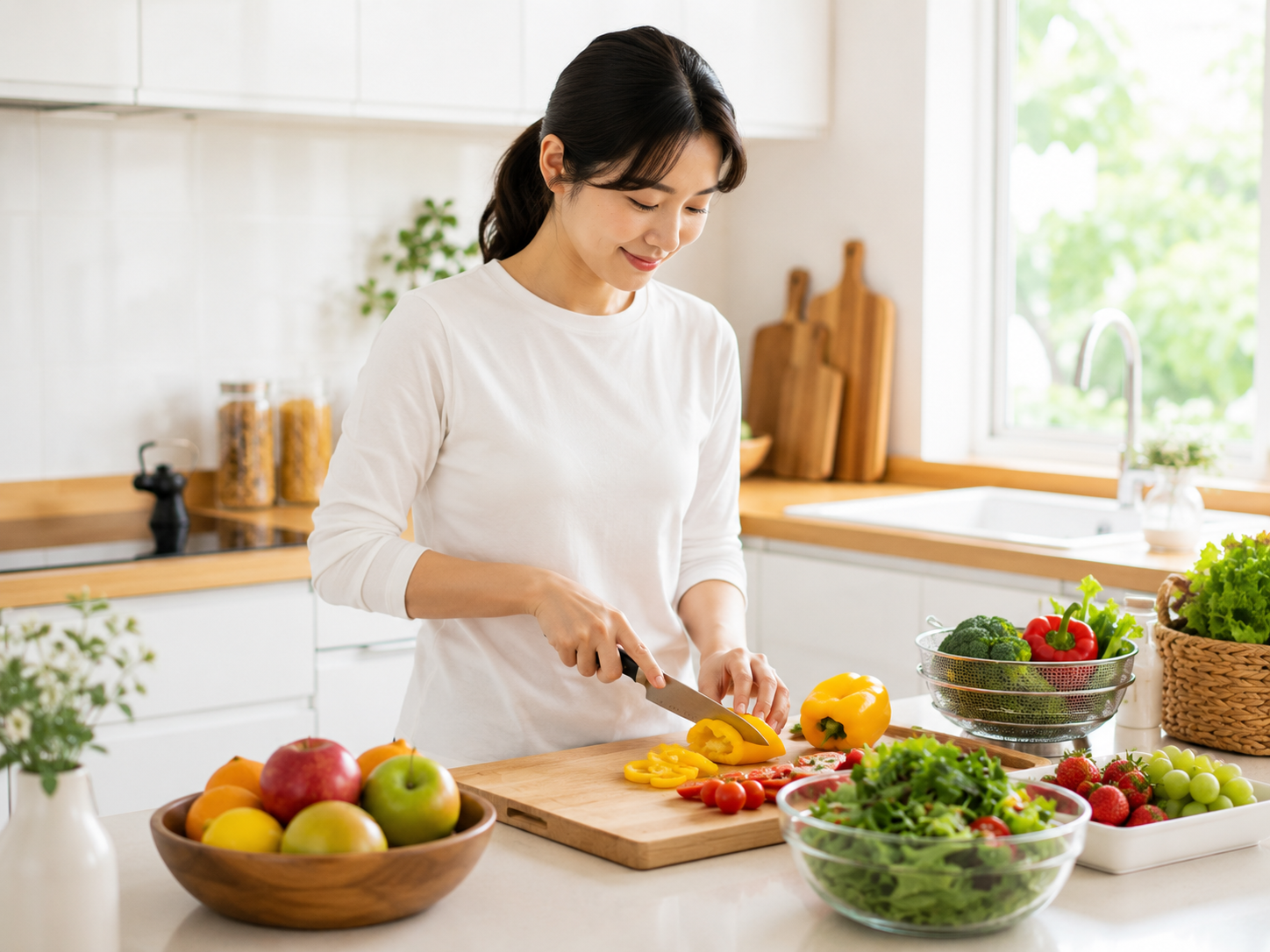 과일과 채소를 포함한 균형 잡힌 식사를 준비하는 모습