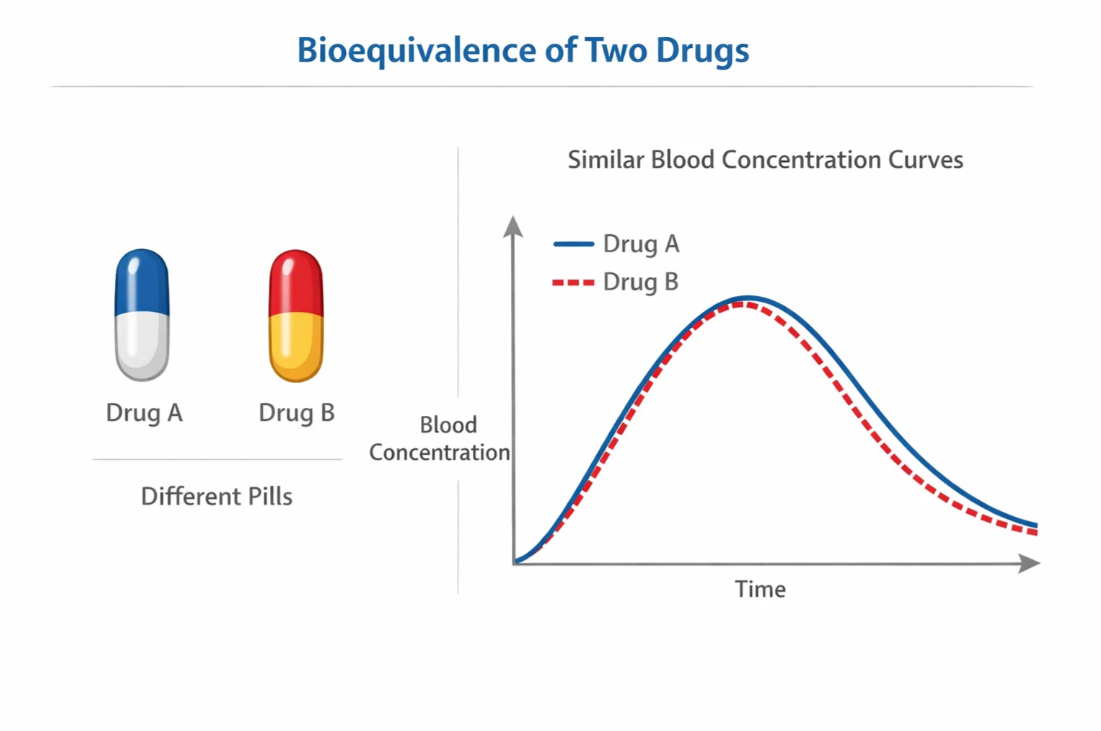 오리지널 약과 제네릭 약의 생물학적 동등성을 설명하는 혈중 농도 곡선 그래프