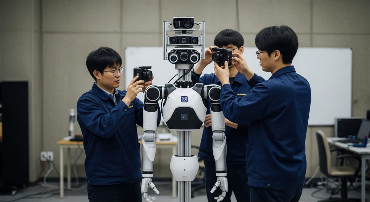 연구진이 휴머노이드 센서를 보정하는 시험실 장면