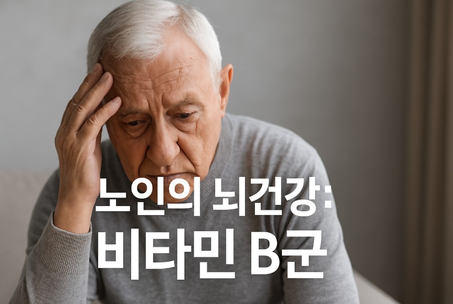 회색 스웨터를 입은 백발의 노년 남성이 이마를 짚은 채 걱정스러운 표정으로 생각에 잠겨 있으며, 배경은 흐릿한 회색 벽과 커튼으로 차분하게 구성되어 있다. 이미지 중앙 아래에는 "노인의 뇌건강: 비타민 B군"이라는 문구가 굵은 흰색 글씨로 선명하게 배치되어 있다. 이 이미지는 고령자의 뇌 기능 저하와 관련된 고민과 예방적 비타민 섭취의 중요성을 강조하는 시각적 메시지를 전달한다.