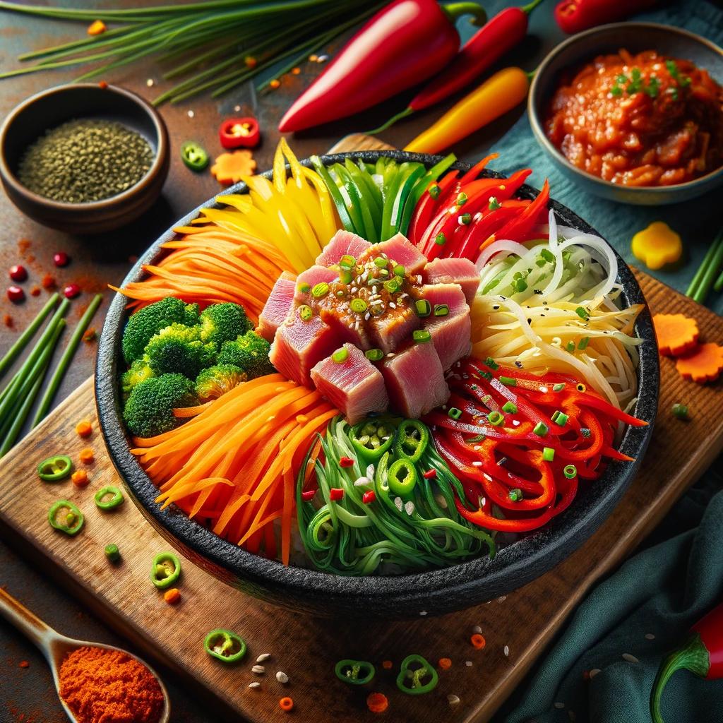 파프리카와 당근을 곁들인 부추겉절이참치비빔밥