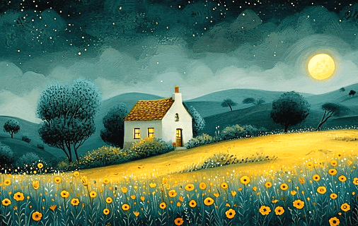 시골집이 있는 밤의 풍경이다. 작은 시골집이 있고 둥근 보름달이 떴다. 들판엔 노란색꽃들이 가득 피었다.