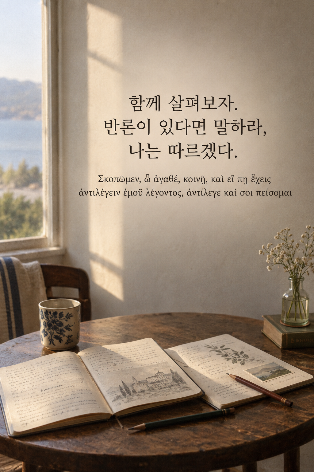 소크라테스 명언 28 &mdash; 함께 살펴보자. 반론이 있다면 말하라, 나는 따르겠다. &mdash; 둥근 탁자 위 나란히 펼친 두 수첩