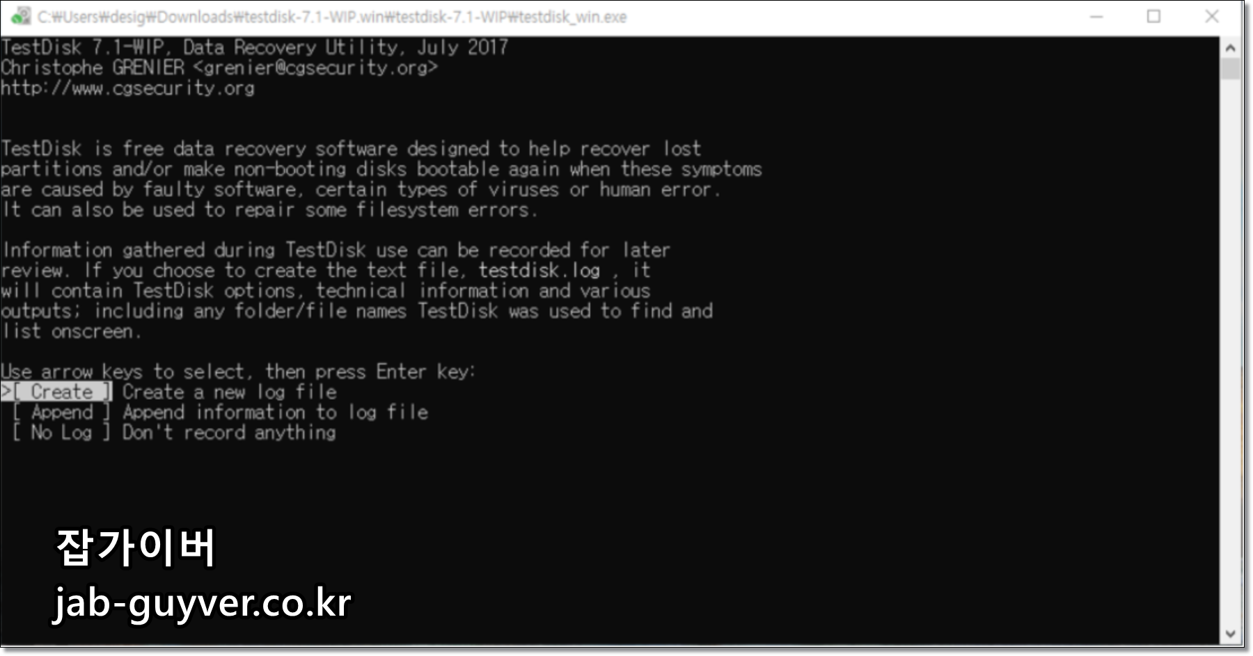 TestDisk 시작 화면에서 로그 생성 선택