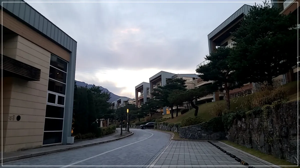 고급빌라단지의 모습. 해가지는 하늘이 보이고 양쪽에 푸른나무들이 가로수를 이루고 있음