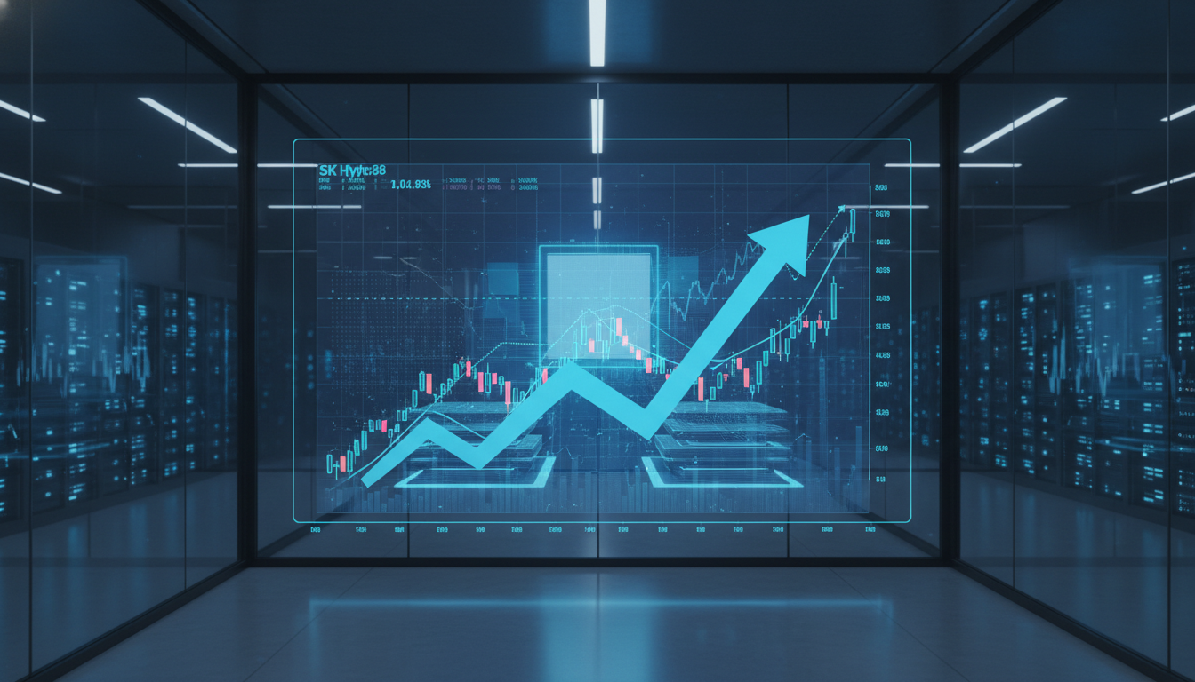 2026년 SK하이닉스 주가 차트와 반도체 웨이퍼가 어우러진 미래지향적 이미지, 파란색 테마의 상승 반전 신호