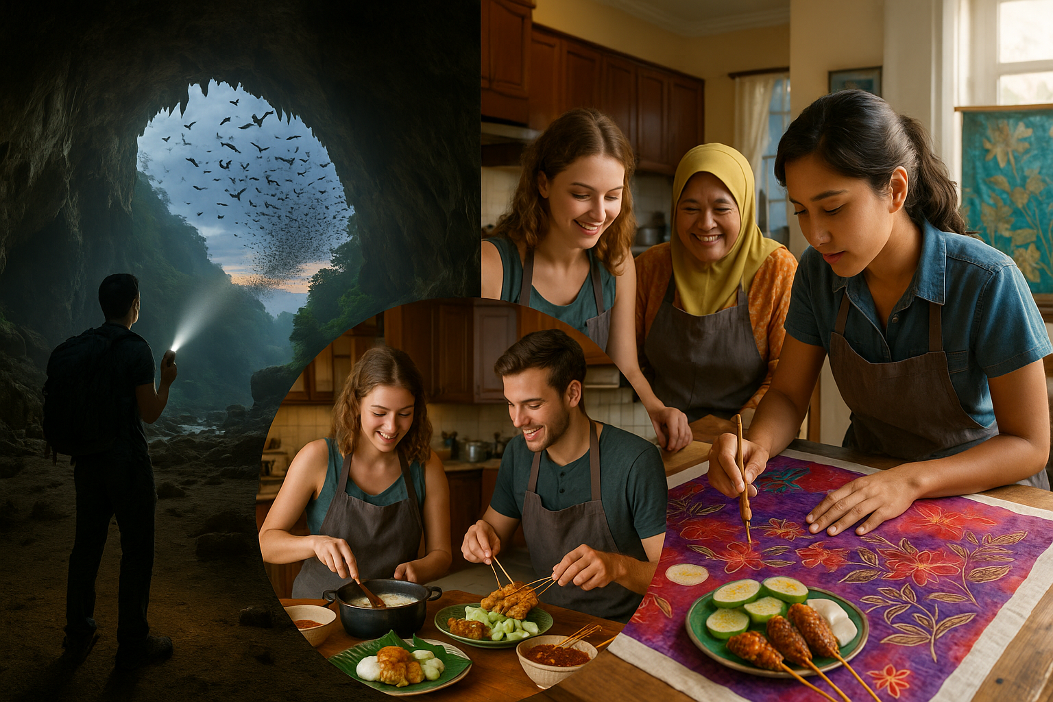 동굴 속 박쥐 비행과 말레이시아 가정식 쿠킹클래스, 전통 바틱 공예 체험을 한 장에 담은 리얼리즘 사진