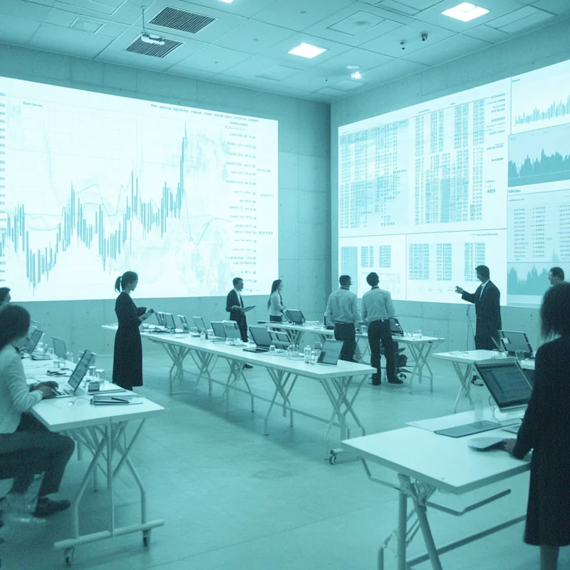 투자자들이 그래프와 차트를 분석하는 국제 회의실, 반도체 주식 투자에 대한 글로벌 전략을 강조. 부드러운 조명과 전문적인 분위기가 분석적 관점을 제공.