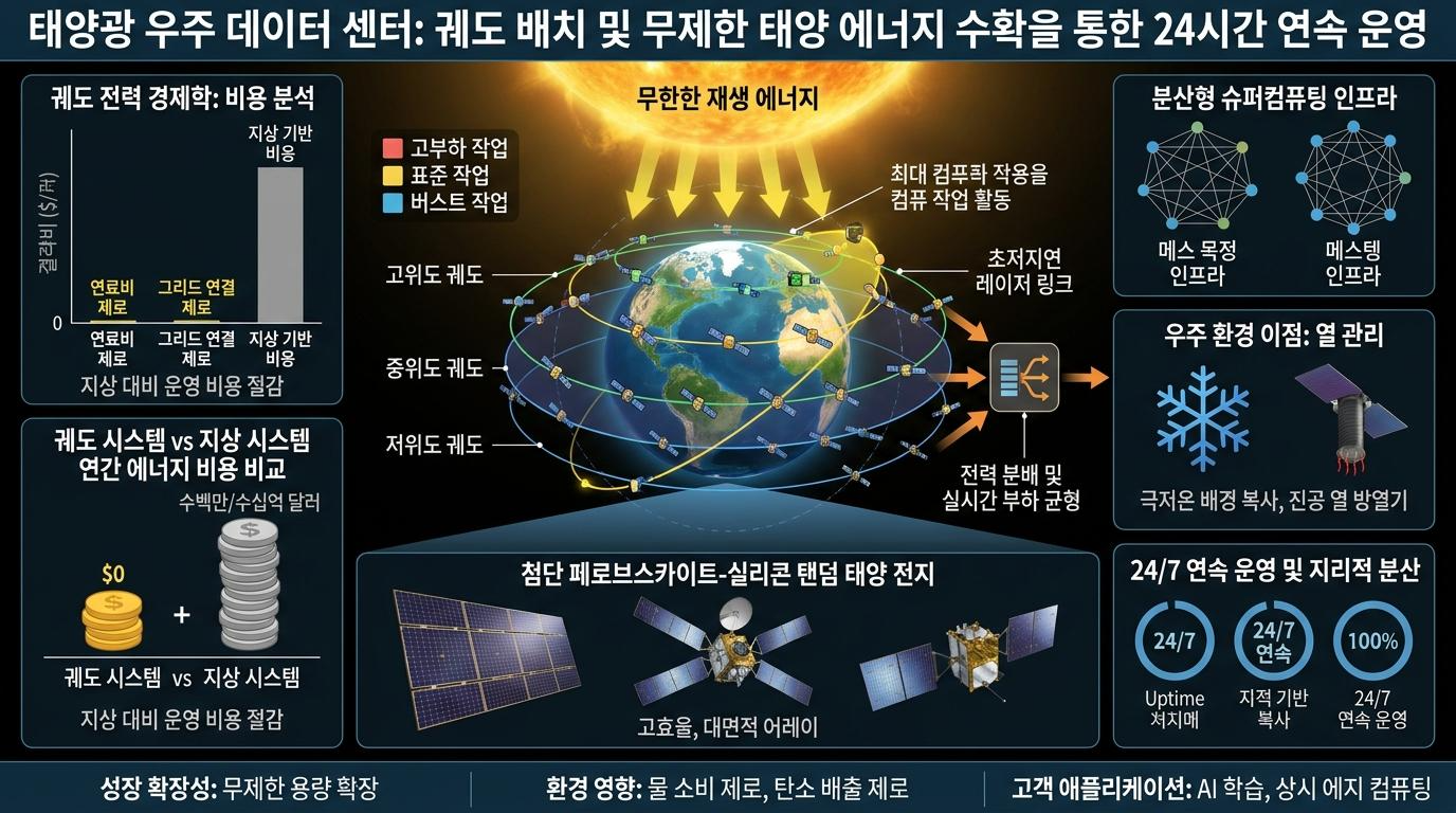 태양광 우주 데이터센터, 24시간 운영, 궤도 전략, 에너지 수확