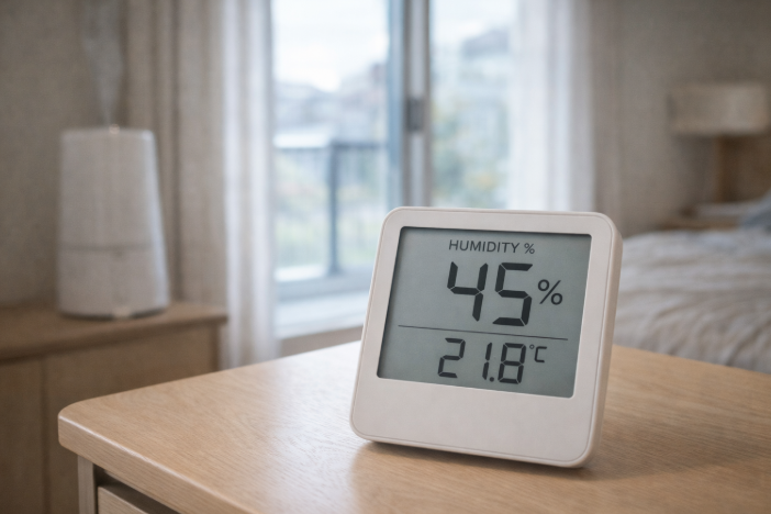 겨울철 실내 45% 습도를 표시하는 온습도계와 침실 배경
