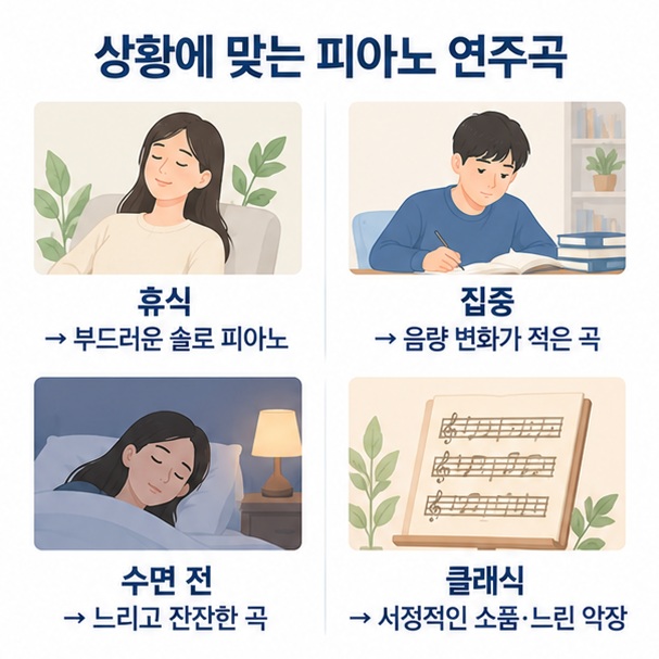 휴식과 공부, 잠들기 전, 클래식 감상에 맞는 피아노 음악 분위기를 비교한 이미지
