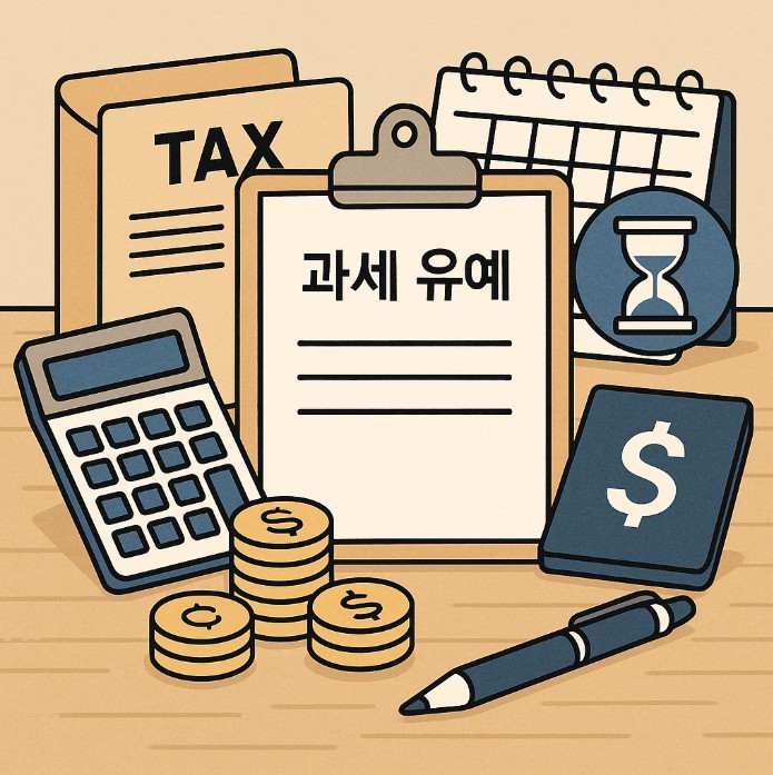 과세유예와 계산기, 그리고 세금이 보여지는 사진