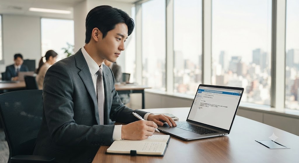 A professional Korean businessman in his late 20s, wearing a charcoal grey suit, is sitting at a modern office desk by a large window with a city view. He is looking intently at his laptop screen which displays a professional business email, and his right hand with a pen is poised over an open notebook. The atmosphere is productive and successful.