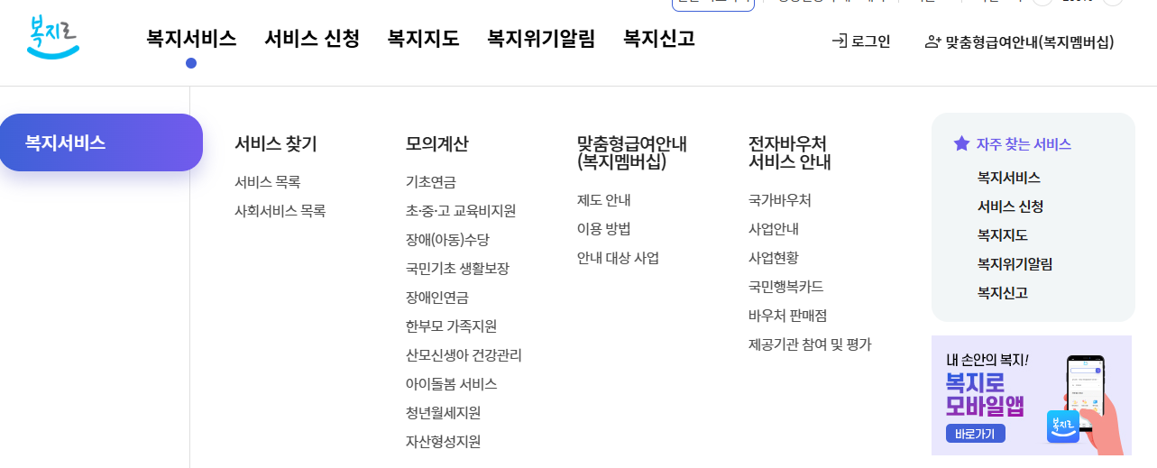 출처 - 복지로. 복지로 홈페이지 화면