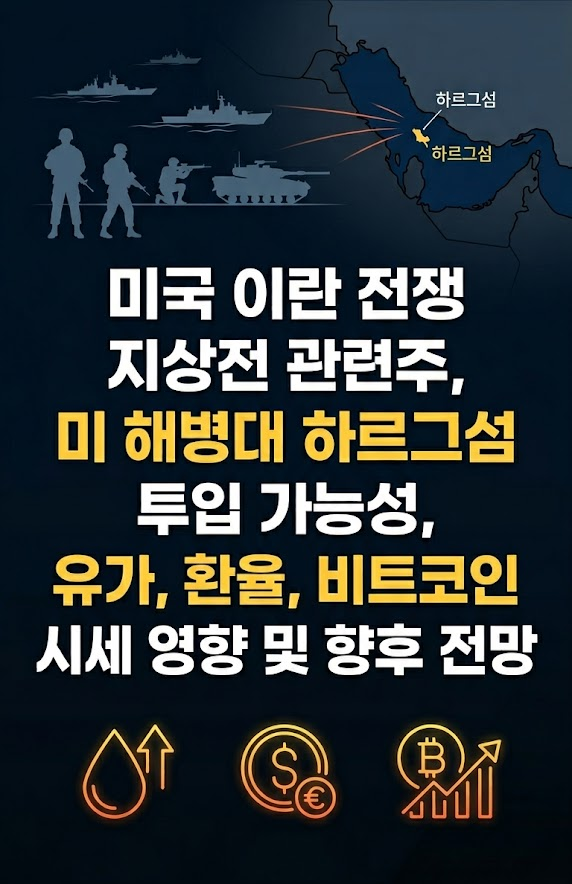미국 이란 전쟁 지상전 관련주, 미 해병대 하르그섬 투입 가능성, 유가, 환율, 비트코인 시세 영향 및 향후 전망