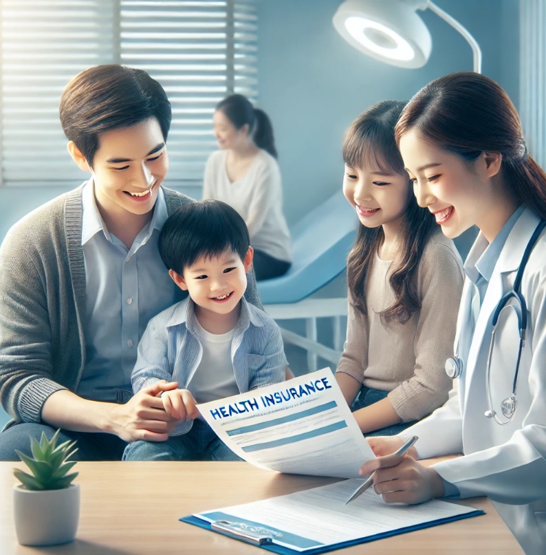 가족들이 보험 서류를 보고 있다.