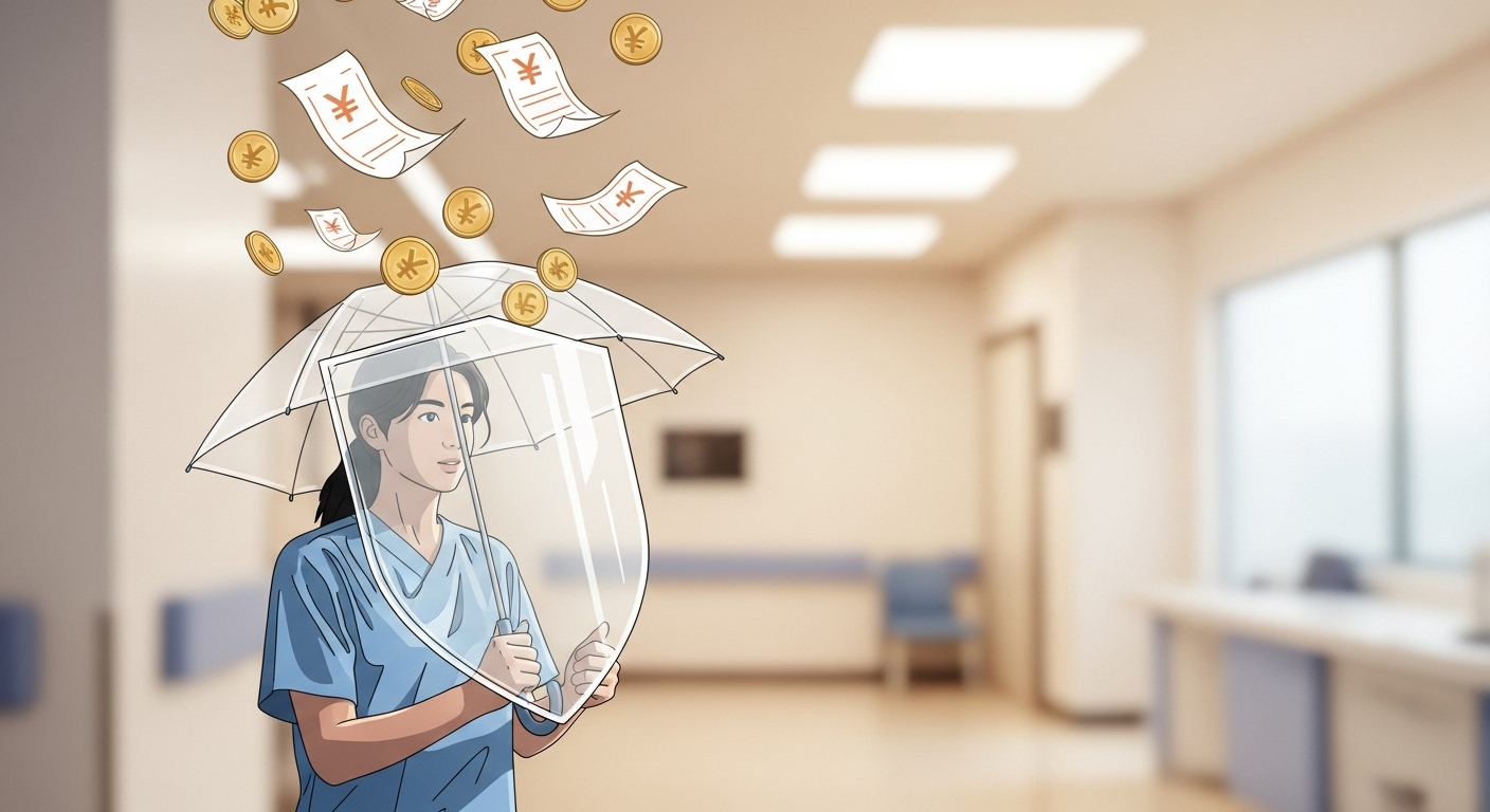의료비 폭탄으로부터 보호받는 모습을 상징하는 이미지. 본인부담상한제로 의료비 걱정을 덜어내는 모습을 표현.