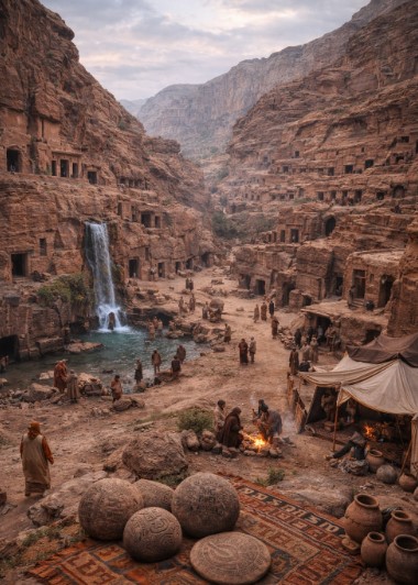 고대 요르단 지역에서 페트라 이전에 형성된 바위 분지형 주거 공동체 구조를 시각적으로 보여주는 사진