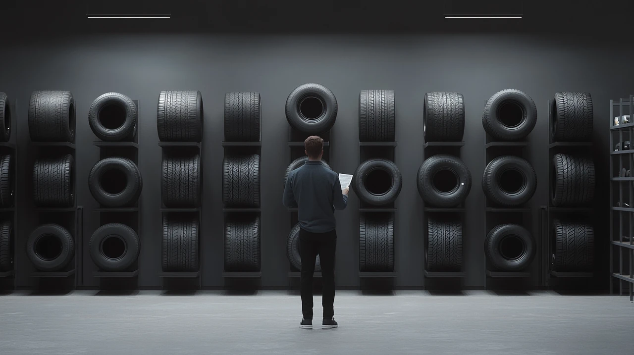 소비자가 타이어 매장에서 다양한 국내외 타이어의 가격과 성능 평점을 살피며 2025년 타이어 추천, 가격비교, 소비자 평가, 성능 종합 차트, 합리적 선택과 관련된 분위기를 동시에 전합니다.