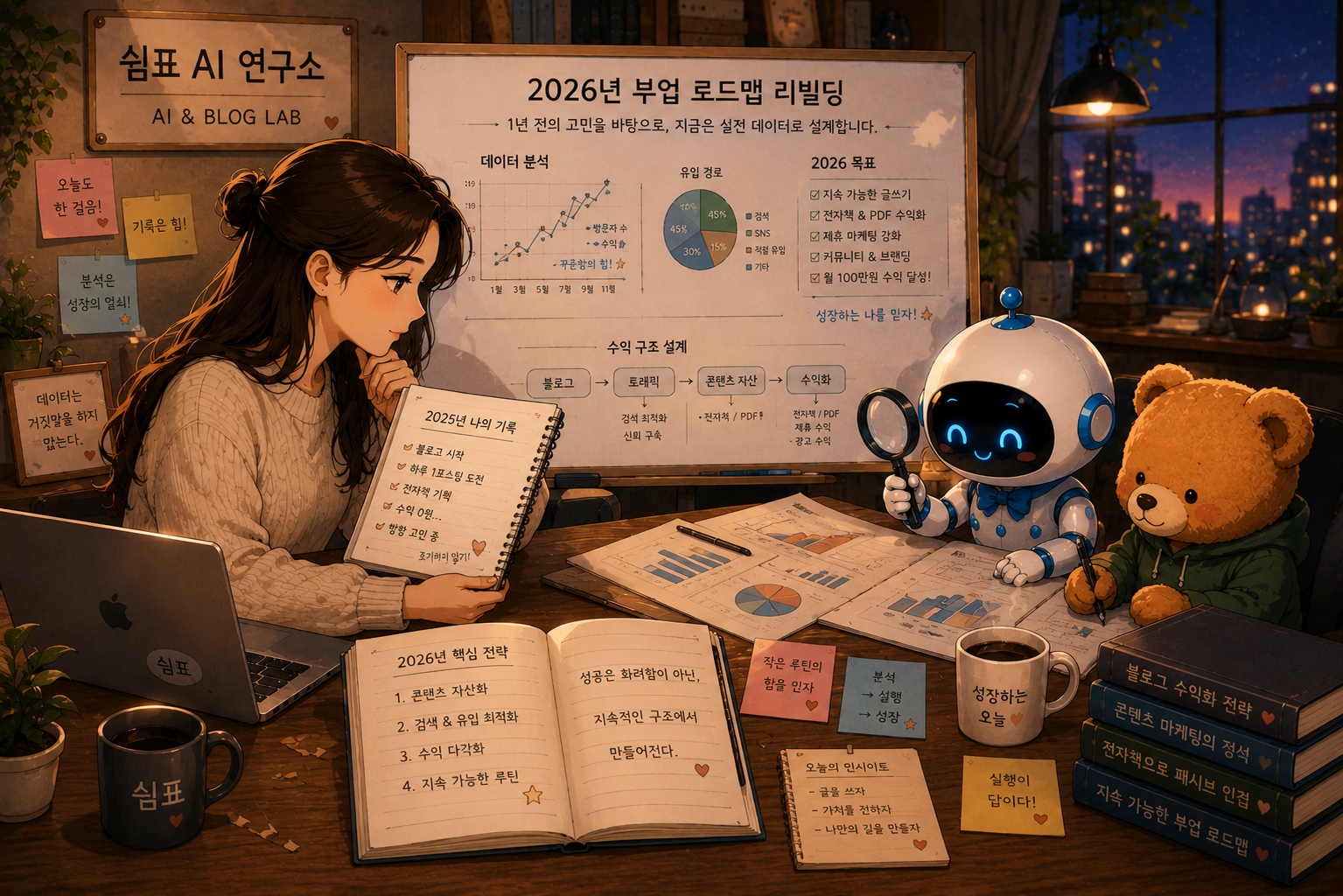쉼표가 2026년 부업 로드맵을 다시 설계하고, 푸름이와 은돌이가 데이터를 분석하는 모습.