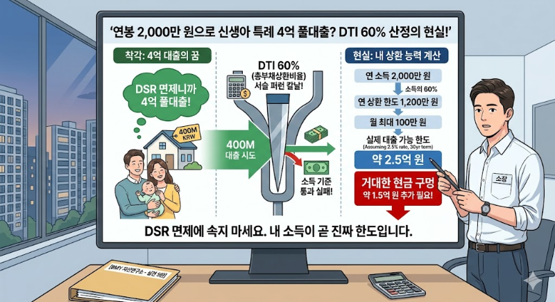 연봉 2,000만 원 신생아 특례대출 4억 한도 계산법(Newborn Mortgage 400M Logic)과 DTI 60% 산정의 현실 인포그래픽 - BMY 자산연구소