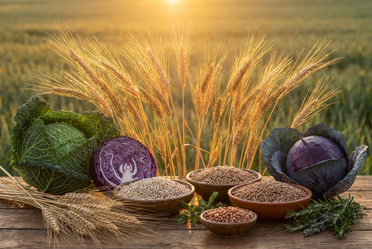호라산밀 이삭이 햇살을 받아 황금빛으로 빛나고, 주변에 양배추와 곡물이 함께 놓여 자연스러운 건강 식재료 조합을 보여주는 장면