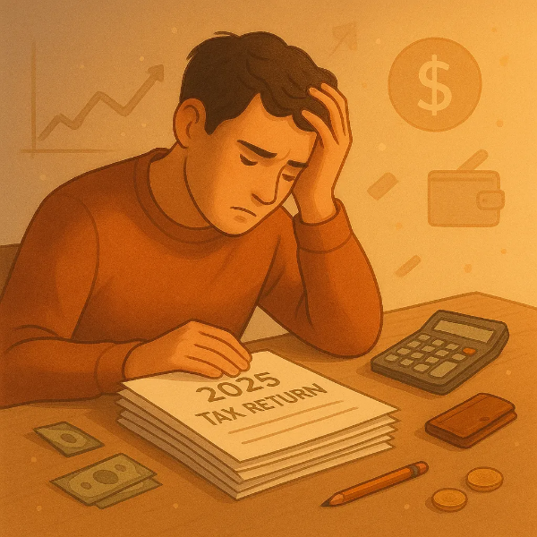 2025년 연말정산 서류와 계산기를 바라보며 고민하는 직장인의 모습, 절세 전략의 감정적 흐름을 따뜻하게 표현한 일러스트
