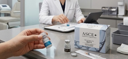 피부과 전문의와 상담 중인 테이블 위에 놓인 ASCE+ 엑소좀 앰플과 정품 패키지 박스 상세 사진