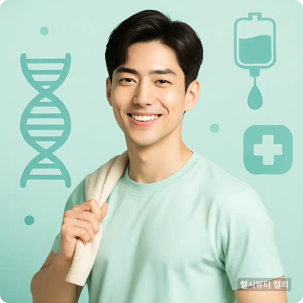 건강한 미소로 의료 상징과 함께 서 있는 남성