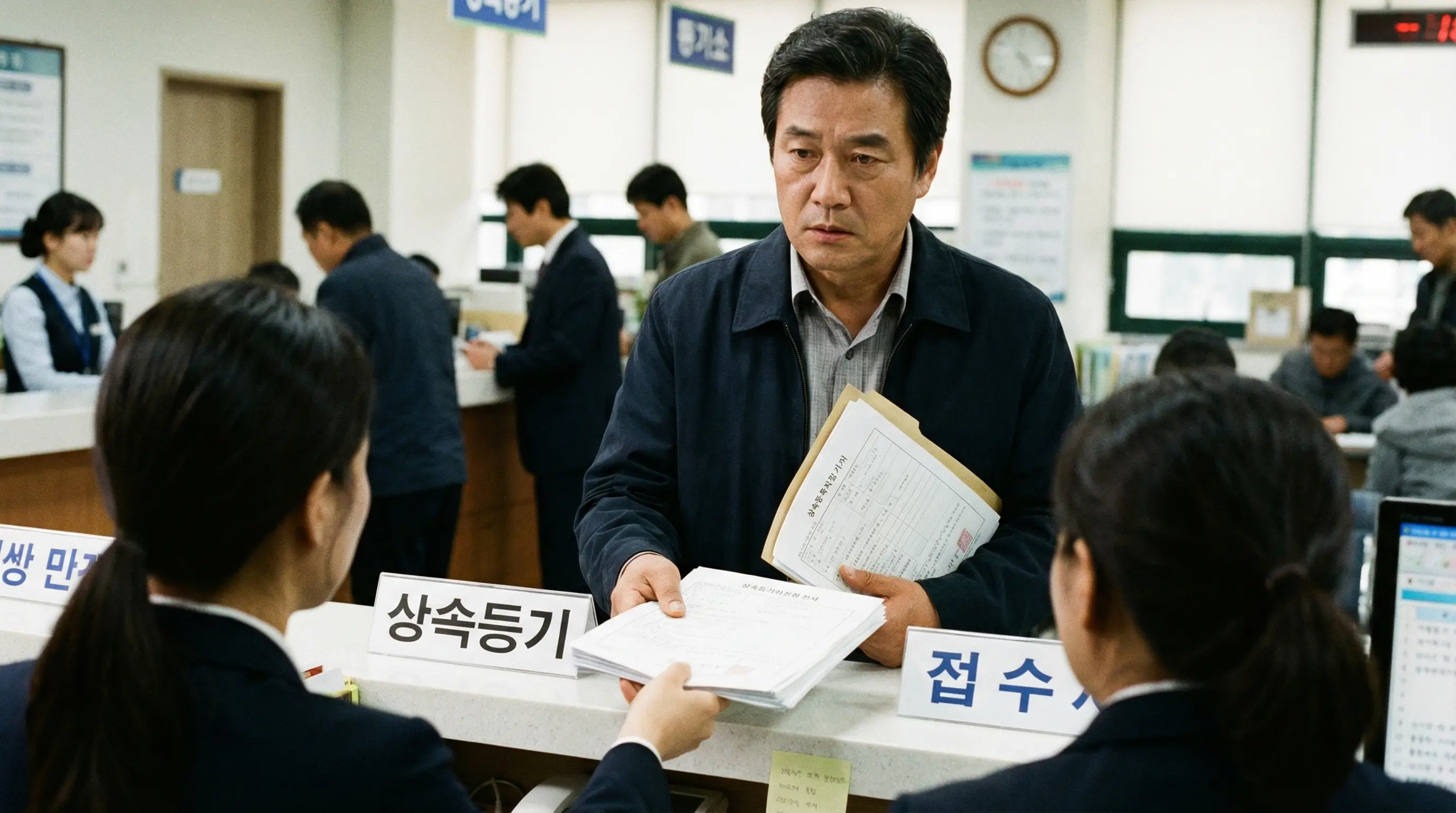 한국인 중년 남성이 등기소 민원실에서 상속등기 신청서와 서류 뭉치를 들고 직원에게 접수하는 진지한 모습