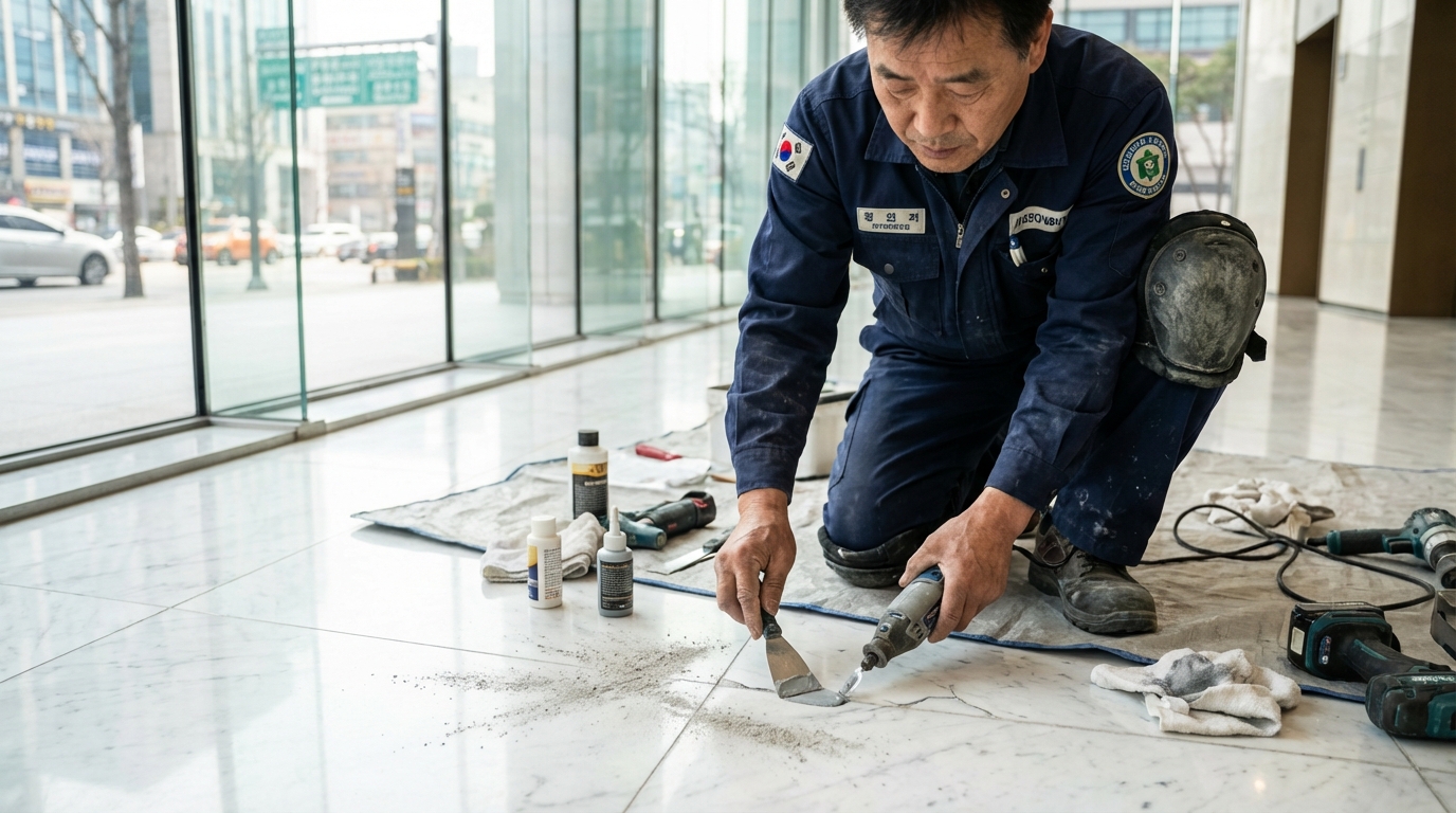 서울의 오피스 로비에서 한국인 전문 기술자가 바닥에 무릎을 꿇고 앉아 깨진 대리석 틈새를 전용 그라인더와 레진으로 정밀하게 보수하고 있는 생생한 현장 모습
