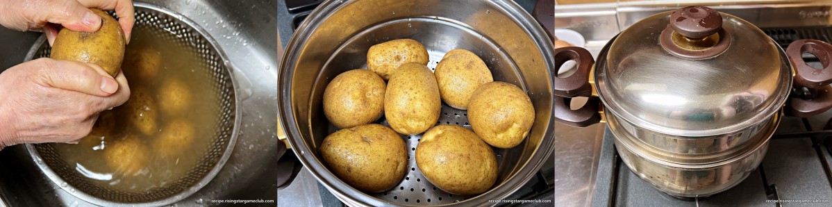 샐러드 빵 (사라다 빵)에 들어갈 감자를 씻어서 찜통에 찌는 사진