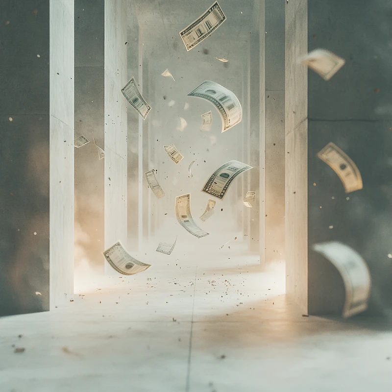 추상적 금융 기호가 얽힌 콘셉트적인 장면에서의 투자 리스크 완충 일러스트, 따뜻한 분위기에서 안도감 전달