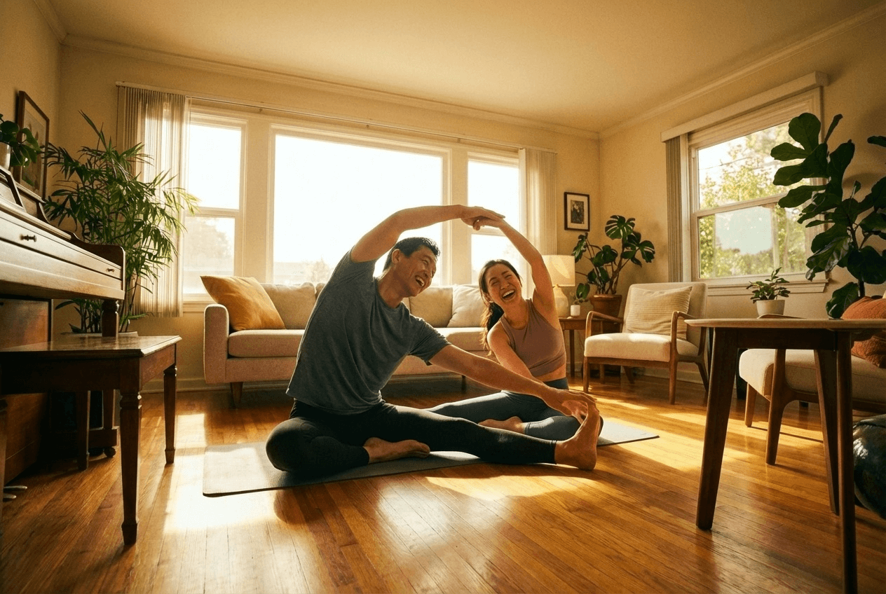 햇살이 들어오는 거실에서 한국인 남녀가 함께 스트레칭을 하며 웃고 있는 모습으로, 코랄칼슘과 마그네슘을 챙기며 뼈와 근육을 위한 건강한 라이프스타일을 표현한 사진