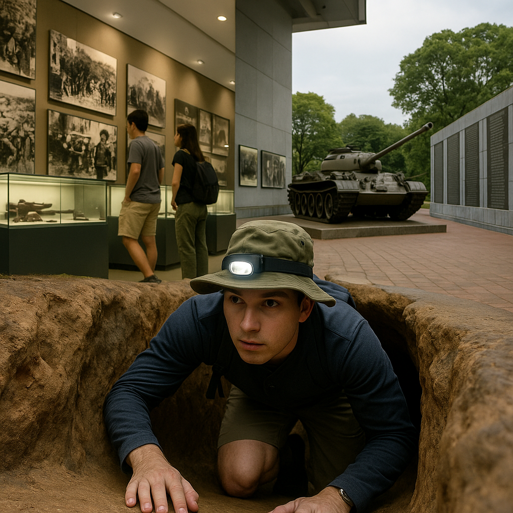 머리 랜턴을 단 청년이 좁은 꾸찌 터널을 기어 나오고, 뒤쪽엔 전쟁 증적 박물관 관람객과 야외 전차 전시가 한 화면에 어우러진 이미지