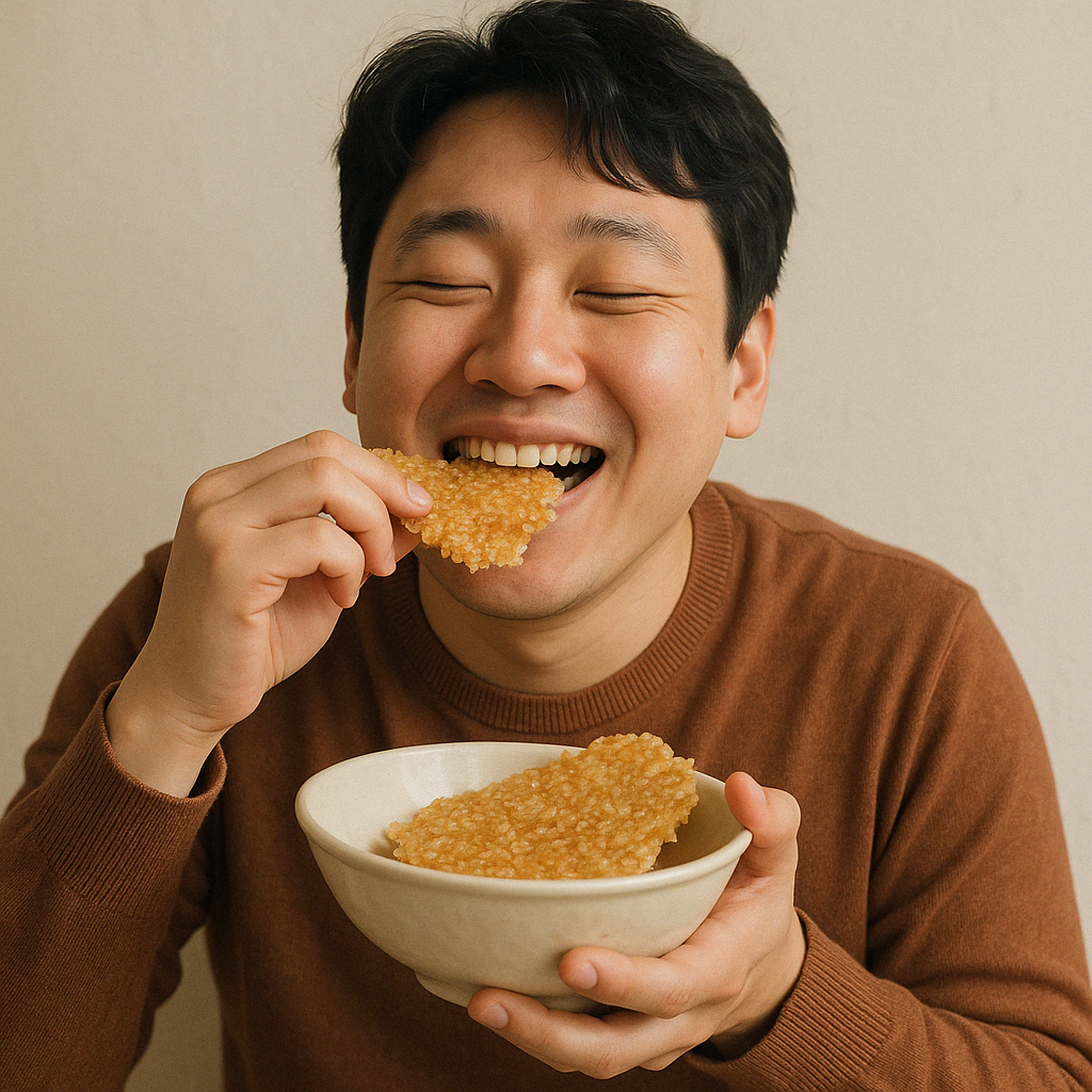 누룽지 먹고 행복해 하는 남성
