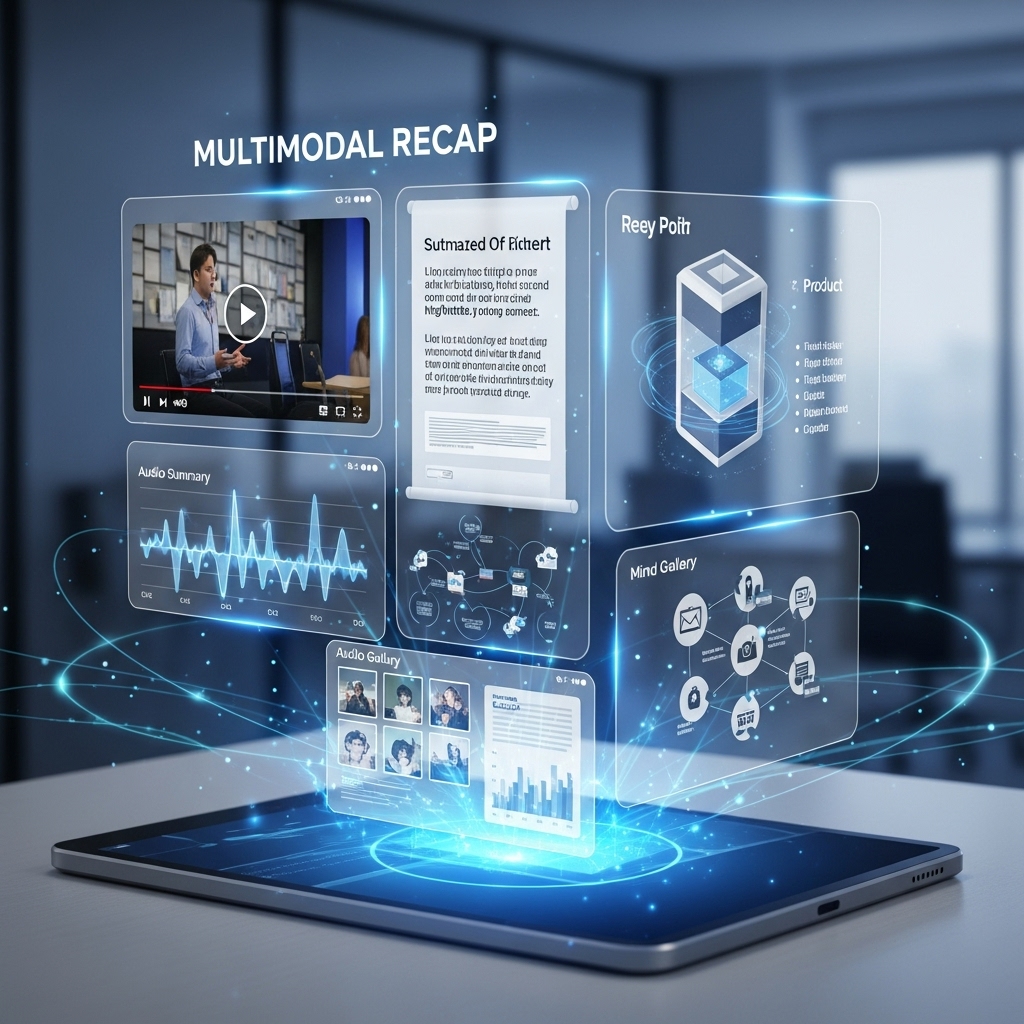 사용자가 다양한 형식의 콘텐츠를 통합적으로 경험하는 멀티모달 리캡 시스템을 시각화한 이미지.