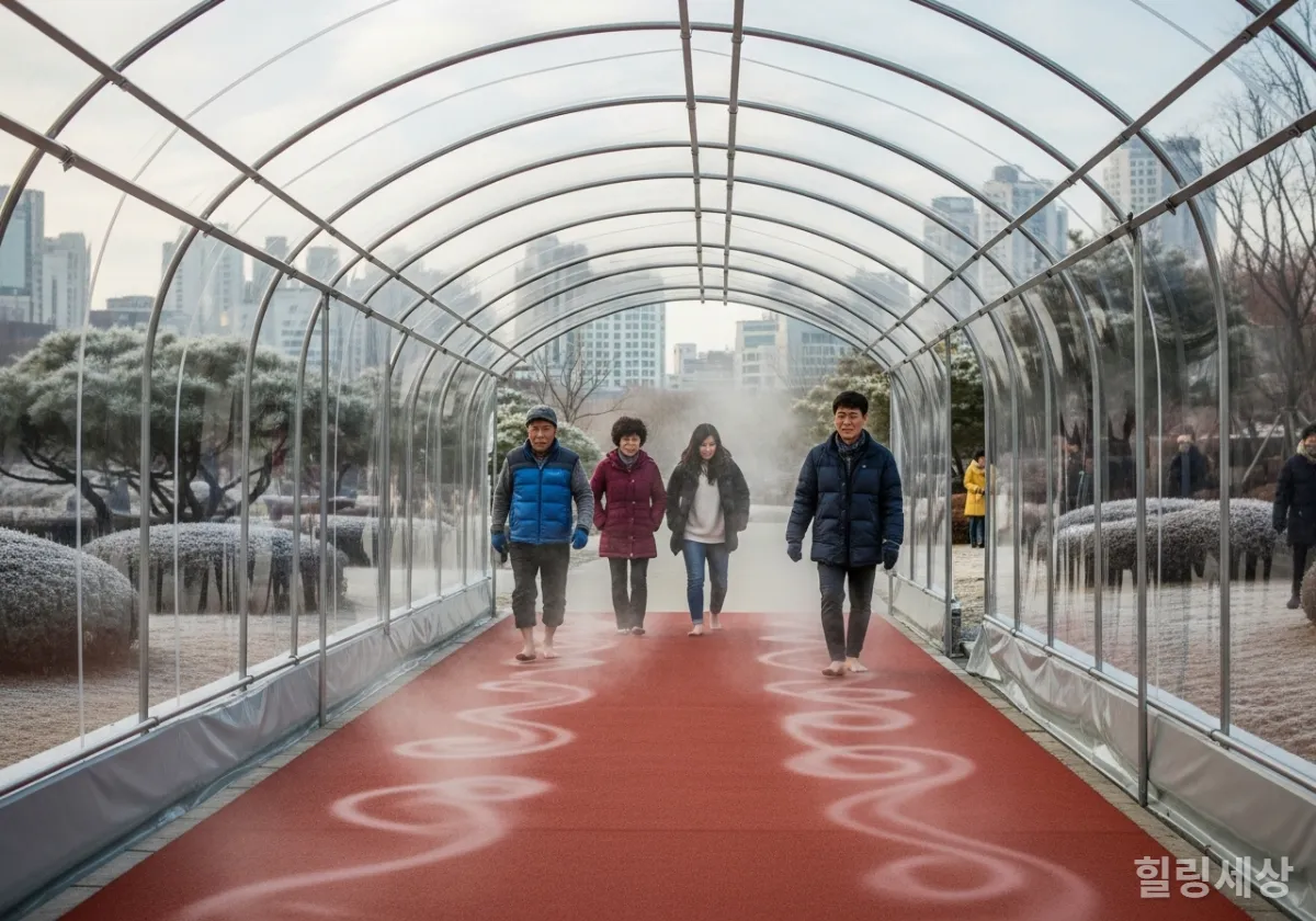 서울 도심 공원에 설치된 비닐하우스형 온열 황토길에서 시민들이 따뜻하게 맨발 걷기를 즐기는 모습